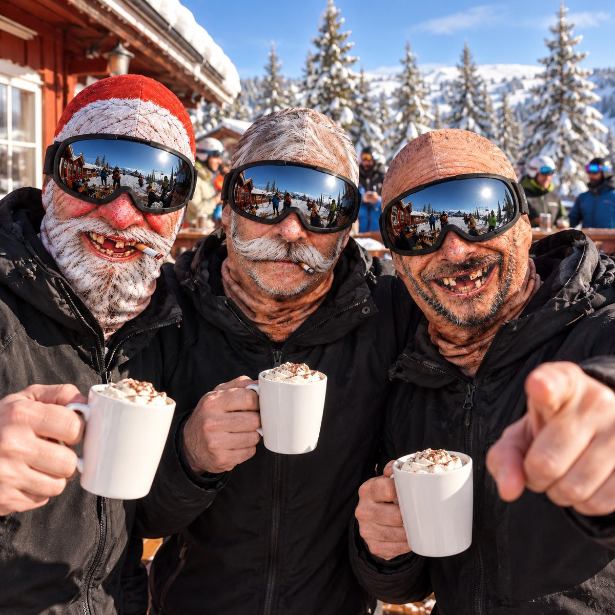 Tre kompisar på afterski med Goofski-masker