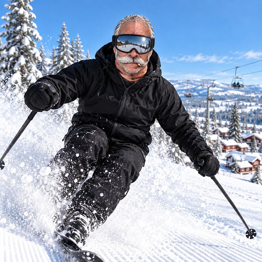 Skidåkare med Goofski-mask Mustaschgösta i backen