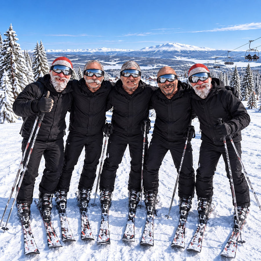 Fem kompisar i backen med Goofski-masker